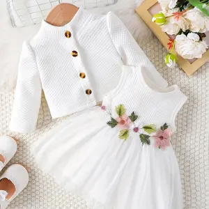 New baby girls 2 pcs clothing set sleeveless flower embroidery tulle dress + solid cardigan coat outfits