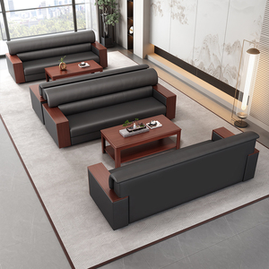 Canapé de bureau moderne de luxe en cuir avec prise de courant intégrée, bureau intelligent avec plateau rond, ensemble de canapés de direction en acier inoxydable - Product Image 2