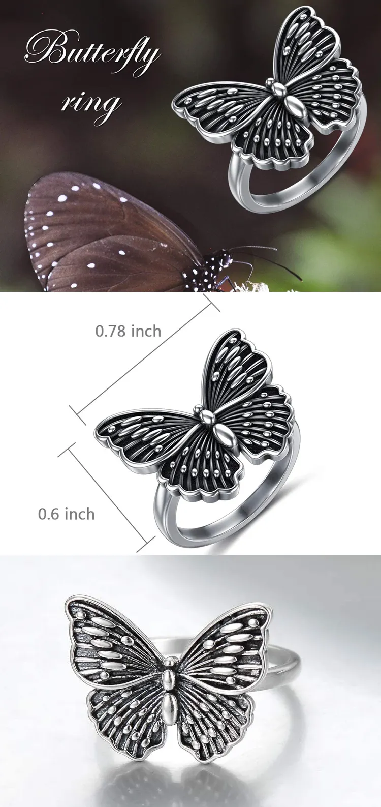 Statement Women Rings Jewelry 925 Sterling Silver Black Big Fashion Butterfly Rings