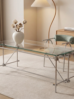 Table à manger rectangulaire en verre au design Bauhaus moderne et épuré, avec support métallique et plateau transparent, ensemble de mobilier pour la maison