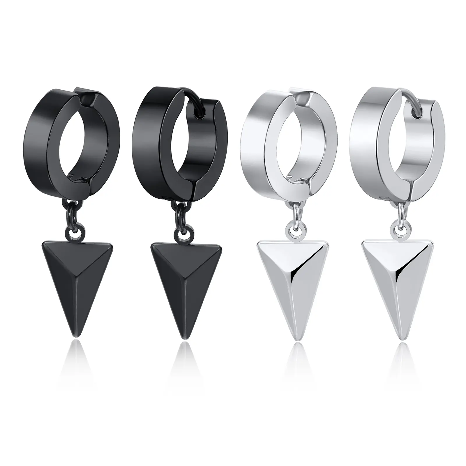 Fashion jewelry Men's triangular geometric stainless steel earrings black silver clip earrings