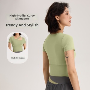 Women's Off-shoulder Yoga Top Running Fitness Wear Quick-Drying Tight-Fitting Short-Sleeve Sports <strong>T</strong>-<strong>Shirt</strong> Built-In Padding - Product Image 3