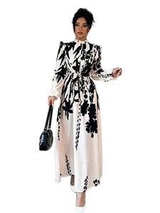 Abito autunnale da donna che abbraccia abito Casual antirughe con motivo floreale a maniche lunghe a mezza lunghezza e vita - Product Image 5