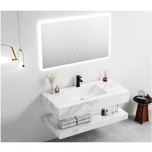 Mueble de Baño de Lujo CR, Montado en la Pared, con Encimera de Piedra Sinterizada Blanca, Lavabo Integrado y Espejo LED - Product Image 5