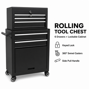 Coffre à outils roulant à 6 tiroirs, armoire verrouillable, roulettes pivotantes, poignée latérale, en bois et acier inoxydable, pour salon, garage, atelier - Product Image 1