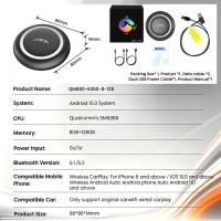 PlayAiBox Boîtier AI sans fil CarPlay Système Android 15 8 Go + 128 Go Qualcomm 6350 pour YouTube Netflix Prise en charge de l'écran partagé et du mirroring