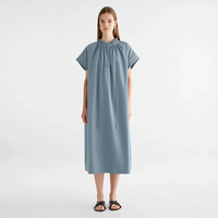 Robe midi décontractée bleu-gris pour femme, col à cordon, manches courtes, boutonnée sur le devant, coupe ample, idéale pour le quotidien, personnalisable OEM