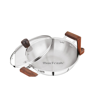 Maxfresh Premium Stainless Metal Kadai Triply Cookware Set with Attractive <b>Glass</b> Lid and Wooden Handle Modern Design Style - Product Image 1