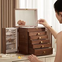 Boîte à bijoux artisanale à six étages avec deux portes latérales, miroir, doublure en velours, boîte en bois noire pour femmes, montres, colliers, cadeau