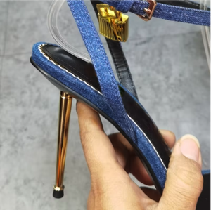नुकीले खुले पैर की अंगुली शैली सोने ताला टखने का पट्टा सुरुचिपूर्ण सेक्सी अद्वितीय लक्जरी ऊँची एड़ी के जूते 2022 डेनिम धातु नीले असली लेदर अजीब शैली - Product Image 2