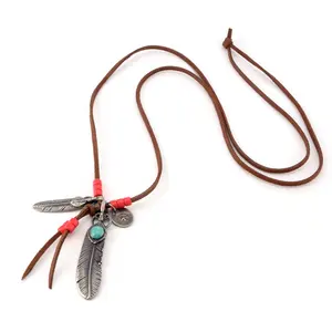 Fashion antique silver feather necklace long leather cord adjustable sweater chain
