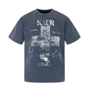 T-shirt à manches courtes style rétro américain post-apocalyptique pour hommes et femmes, <span class=keywords><strong>haut</strong></span> imprimé croisé moucheté et <span class=keywords><strong>délavé</strong></span> effet usé, style streetwear - Product Image 2
