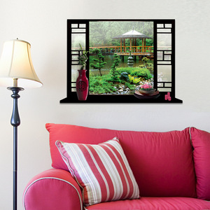 สติ๊กเกอร์ติดผนังหน้าต่างปลอม 3 มิติ 50x70 ซม. ภูมิทัศน์เอเชียเซนกันน้ำ PVC ตกแต่งบ้านรูปสี่เหลี่ยมผืนผ้ารูปแบบทิวทัศน์ XM09 - Product Image 4