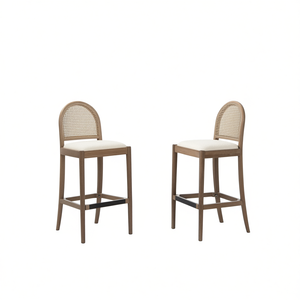 Ensemble de 2 tabourets de bar en rotin courbé Panama, blanc ivoire, structure en bois bouclé, design contemporain - Product Image 1