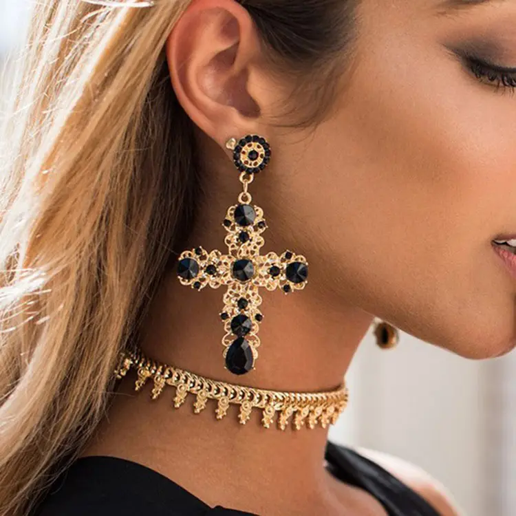 Fashion Vintage Gold Luxury Crystal Rhinestone Cross Drop Earrings For Women Large Long Earrings Bridal Wedding Jewelry