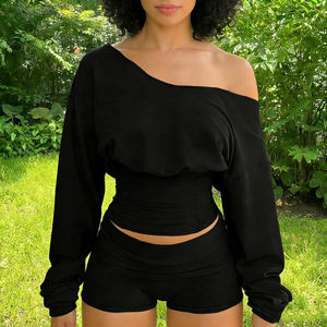 Ensemble streetwear à épaules dénudées pour femmes, sweat-shirt court uni à genoux, short sexy, corset taille cintrée, deux pièces en tricot plissé - Product Image 1