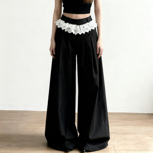 Pantalon de costume large noir pour femme avec taille haute à volants en dentelle blanche, coupe ample, décontracté, longueur au sol - Product Image 3