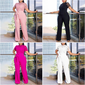 D509 Ultimo Modello di <span class=keywords><strong>Tuta</strong></span> Sexy in <span class=keywords><strong>Pizzo</strong></span> per Donne, Maniche Corte Traforate, Vita Alta con Lacci, Gamba Larga - Product Image 2