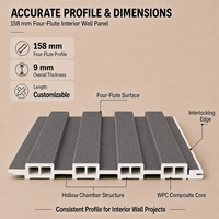 Panneau mural cannelé en WPC grain de bois gris MORLENX 158 mm, à quatre rainures, creux, pour revêtement mural décoratif intérieur pour espaces modernes