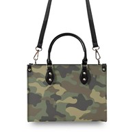 Sac fourre-tout portable en cuir PU camouflage vert pour femme avec fermeture ouverte, design élégant, personnalisation en gros