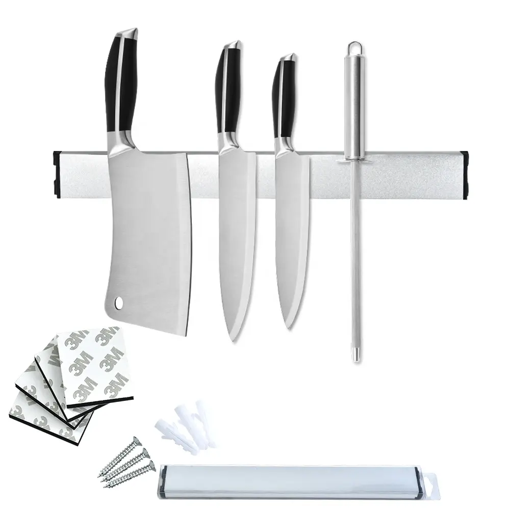 Strong Magnetic Knife Rest Aluminum Alloy Tool Holder Punch-Free and Nail-Free Kitchen Shelf for Home Use with Roll Bag