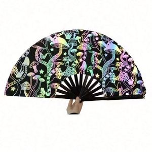 Éventail pliant en bambou noir de 33 cm avec tissu réfléchissant, sculpté à la main, cadeau d'affaires promotionnel pour l'Europe - Product Image 1