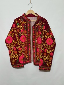 <b>Women</b>’s Red <b>Velvet</b> Embroidered Blazer Mandarin Collar Floral Hand Embroidery Full Sleeve Autumn Style <b>Jacket</b> - Product Image 1