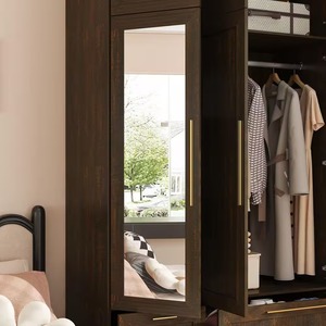 Armoire moderne en bois de noyer brun MDF de 47 pouces avec 4 tiroirs, 6 étagères, 1 <span class=keywords><strong>barre</strong></span> de suspension, porte miroir, placard de chambre à coucher - Product Image 5