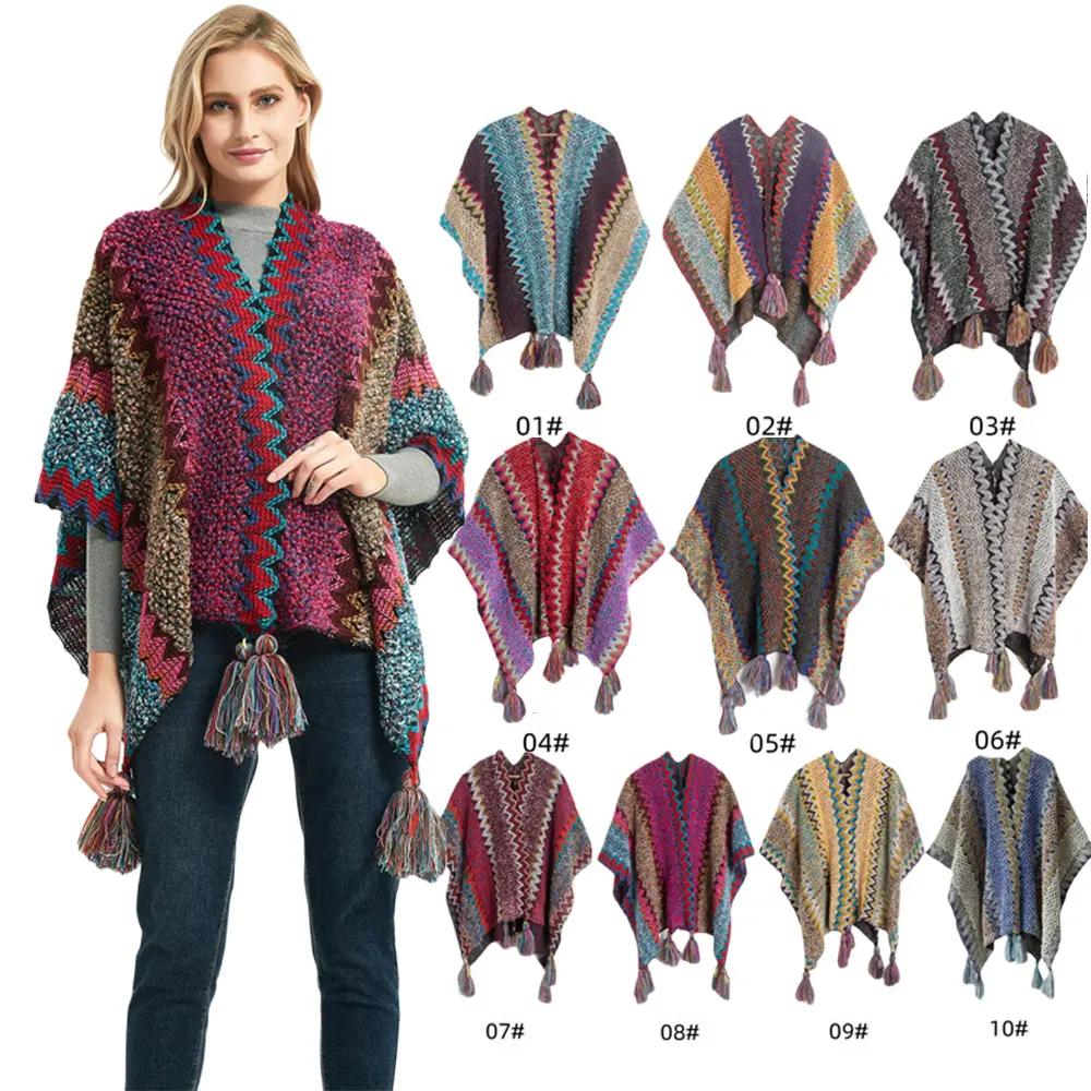 Vente en gros dames surdimensionné tricoté cape bohème boho poncho femmes jacquard gland frangé châle