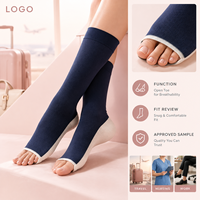 Chaussettes de compression à compression graduée pour mollets, noires, avec tableau de tailles, manchette plus large, bout plat, composition du tissu, instructions d'entretien et emballage