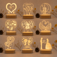 Lampe de table LED 3D en forme de cœur romantique alimentée par USB, panneau acrylique, base en bois, lumière chaude, certifiée CE