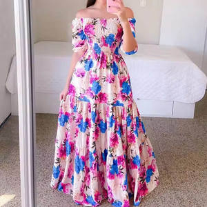 <span class=keywords><strong>Abito</strong></span> Casual a Maniche Corte <span class=keywords><strong>con</strong></span> Spalla Scoperta e Stampa Floreale, Vestito Lungo Elasticizzato <span class=keywords><strong>con</strong></span> Ampia Gonna - Product Image 2