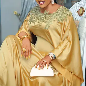 Wholesale Loose Abaya Gold Satin Silk Kaftan Clothing African Robe Long Maxi Applique Women Elegant Casual Muslim Dresses