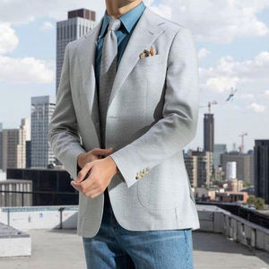 Traje de Negocios de Primavera/Verano 2026, Chaqueta Gris Claro con Solapa de <span class=keywords><strong>Ojal</strong></span> Hecha <span class=keywords><strong>a</strong></span> <span class=keywords><strong>Mano</strong></span>, Bolsillos con Parches, Talla Grande, 100% Lana - Product Image 6