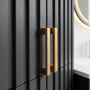 Mueble de Baño de Pared de 29-31 Pulgadas <span class=keywords><strong>con</strong></span> Lavabo de Cerámica Integrado, Cajones Acanalados Gris Oscuro, Tiradores Dorados y Espejo Redondo LED - Product Image 5