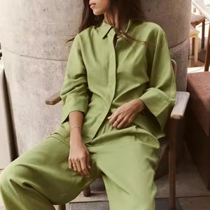 Primavera Casual donna adulta ampia Oversize comoda camicia con bottone a maniche lunghe e <span class=keywords><strong>pantaloni</strong></span> larghi Set camicia di <span class=keywords><strong>lino</strong></span> verde - Product Image 1