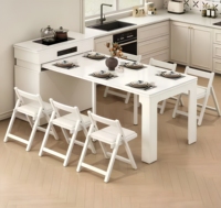 Table de salle à manger îlot moderne extensible et rétractable, finition crème, avec miroir, en bois massif et pierre frittée, multifonctionnelle avec rangement, pour 6 personnes, petite taille