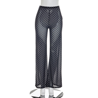 Viviblook J26ST182 Ensemble pour femme, haut transparent à pois à col en V profond, pantalon droit taille haute, ensemble deux pièces