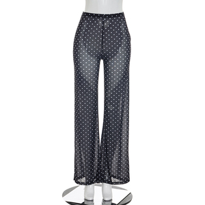 Viviblook J26ST182 Women <b>Set</b> Deep V-Neck Polka Dot See Through Top High Waist Straight Leg Pants Two Piece <b>Set</b> - Product Image 6