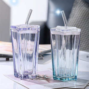 Bicchiere da <span class=keywords><strong>caffè</strong></span> con cannuccia 10 oz 300 ml <span class=keywords><strong>colorato</strong></span> <span class=keywords><strong>vetro</strong></span> personalizzato tazza con paglia e coperchio acqua potabile succo di <span class=keywords><strong>vetro</strong></span> tazza - Product Image 2