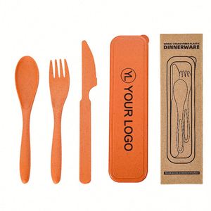 Custom Logo Portable Wheat Straw Cutlery <b>Set</b> Reusable Travel <b>Lunch</b> Utensils for Student Welcome Kits - Product Image 1
