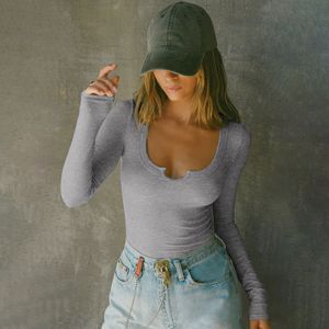 Camisetas de Manga Larga para Mujer, Tejido Acanalado Elástico, Corte Ajustado, Cuello Redondo con Abertura, Estilo Casual Básico - Product Image 3