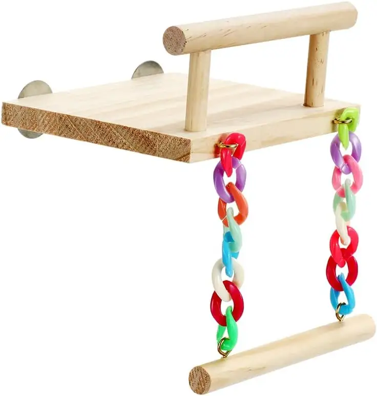 Mainan sangkar burung bayan Platform kayu, latihan berdiri dengan ayunan kayu bianglala roda mengunyah untuk Parkit