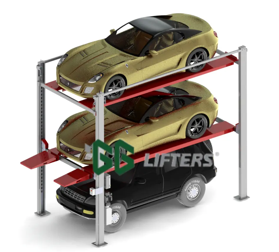 4 Post Drievoudige Stapelaar Auto Opslagapparatuur Voor Sportwagens 3 Niveaus Parkeerlift Op Maat Magazijn Voertuig Stapelaars