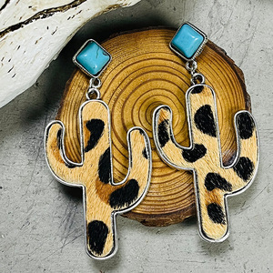 Pendientes Retro bohemios de piel de <span class=keywords><strong>Cactus</strong></span> y piel de vaca para mujer, aretes étnicos, Vaqueros occidentales, joyería de buena calidad, regalo - Product Image 5
