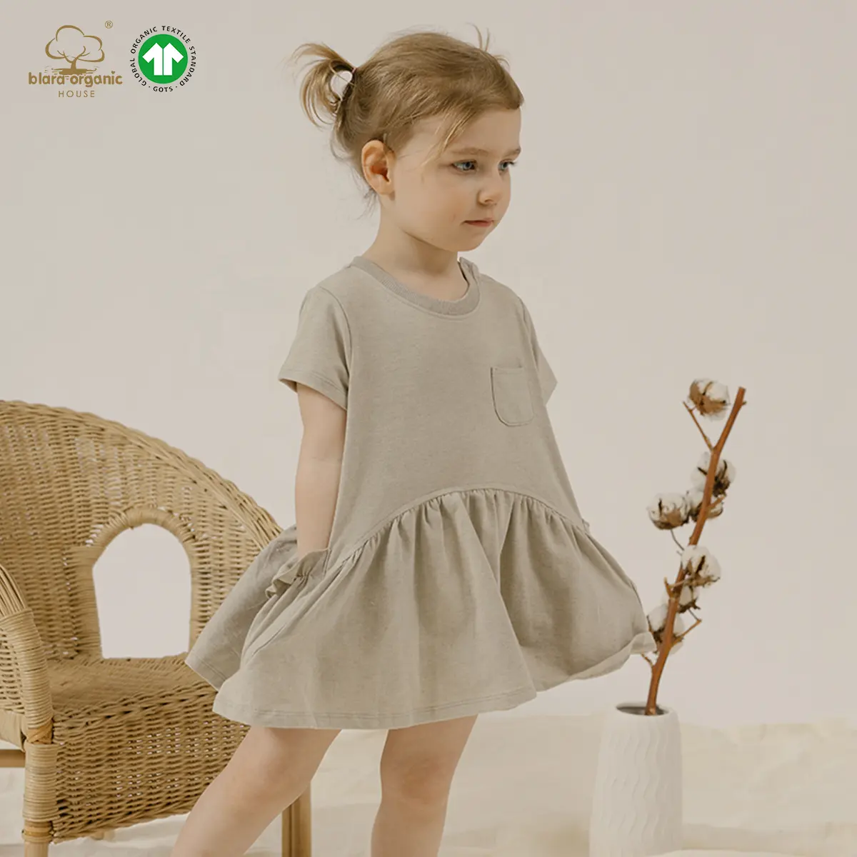 सुरुचिपूर्ण शैली गर्मियों कार्बनिक फ्रेंच टेरी कपड़े छोटे लड़की गर्मियों के कपड़े बच्चों के लिए घुटने की लंबाई के साथ छोटे लड़की गर्मियों के कपड़े