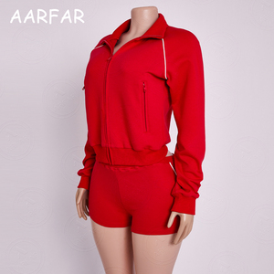 Completo da <span class=keywords><strong>donna</strong></span> 2 pezzi all'ingrosso: giacca crop con zip e pantaloncini, streetwear personalizzabile con logo, abbigliamento firmato da <span class=keywords><strong>donna</strong></span> - Product Image 4