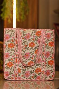 Bolsa de Mano de Algodón con Estampado Floral Naranja, Hecha a Mano, con Cierre, Bordado, Impresión a Mano, Ecológica, Bolsa de Compras, Artesanía de Jaipur - Product Image 3