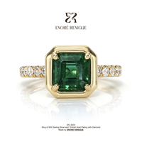 Bague en Argent S925 Plaqué Or Vermeil avec Moissanite Pavée et Émeraude de Zambie de Laboratoire Taille Asscher 7*7mm Sertie en Bezel, Idéale pour un Cadeau de Luxe Fête des Mères