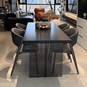 Mesa de comedor moderna minimalista de madera maciza, diseño de losa rectangular en negro puro para apartamentos pequeños, estilo de lujo ligero - Product Image 2